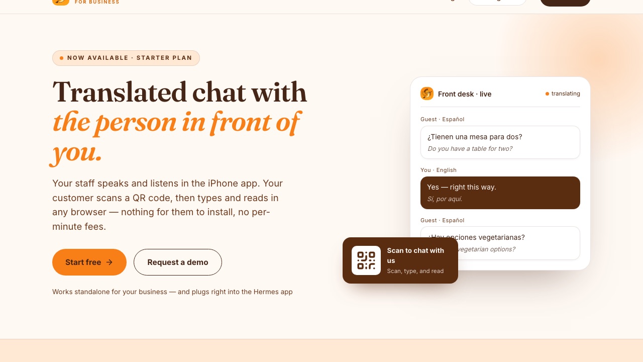 The Hermes Link homepage: translated chat with the person in front of you.