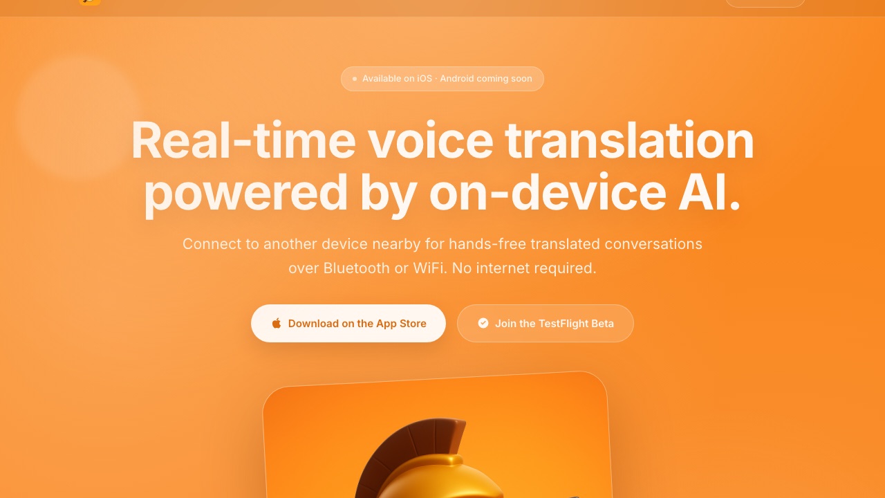 The Hermes Translate homepage: real-time voice translation powered by on-device AI.